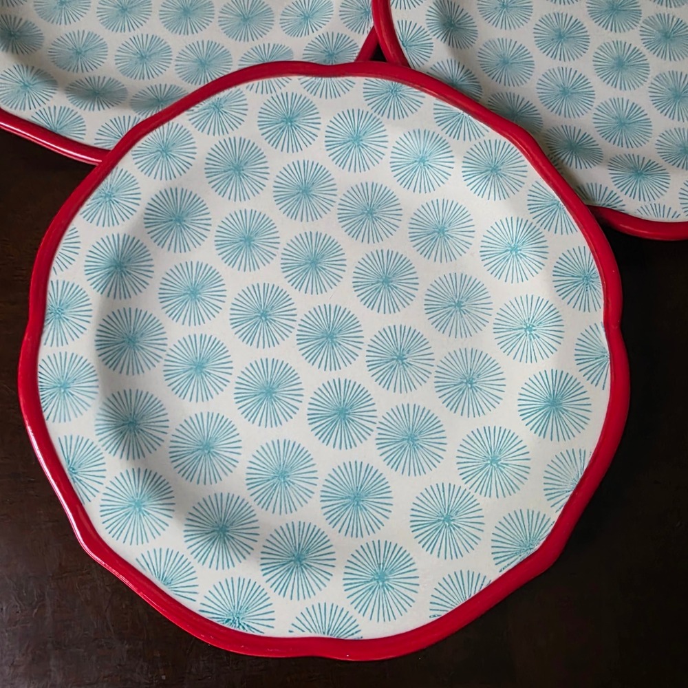 Pioneer Woman Happiness Teal Red Salad Plates Set of 3 Scalloped Edge 8.5in - Picture 2 of 3